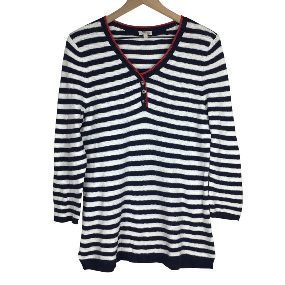 TALBOTS Sweater Red White & Blue Stripe Henley V Neck Buttons 3/4 Sleeves Large